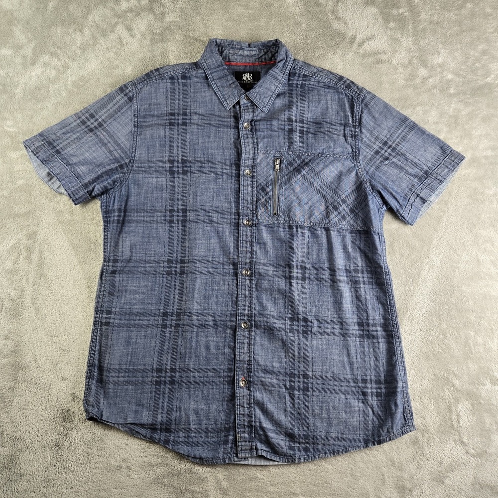 Rock & Republic Shirt Mens Large Blue Plaid Zip Pocket Short Sleeve Casual